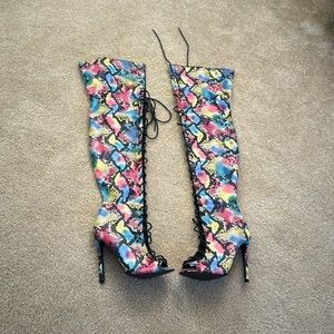 Rainbow snakeskin thigh high boots